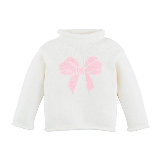 White Roll Neck Sweater, Pink Bow